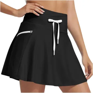 Women's Quick-Drying Underskirt Zipper Drawstring Tie-up High Waist Pleated Plain A Line Short Mini Skirts