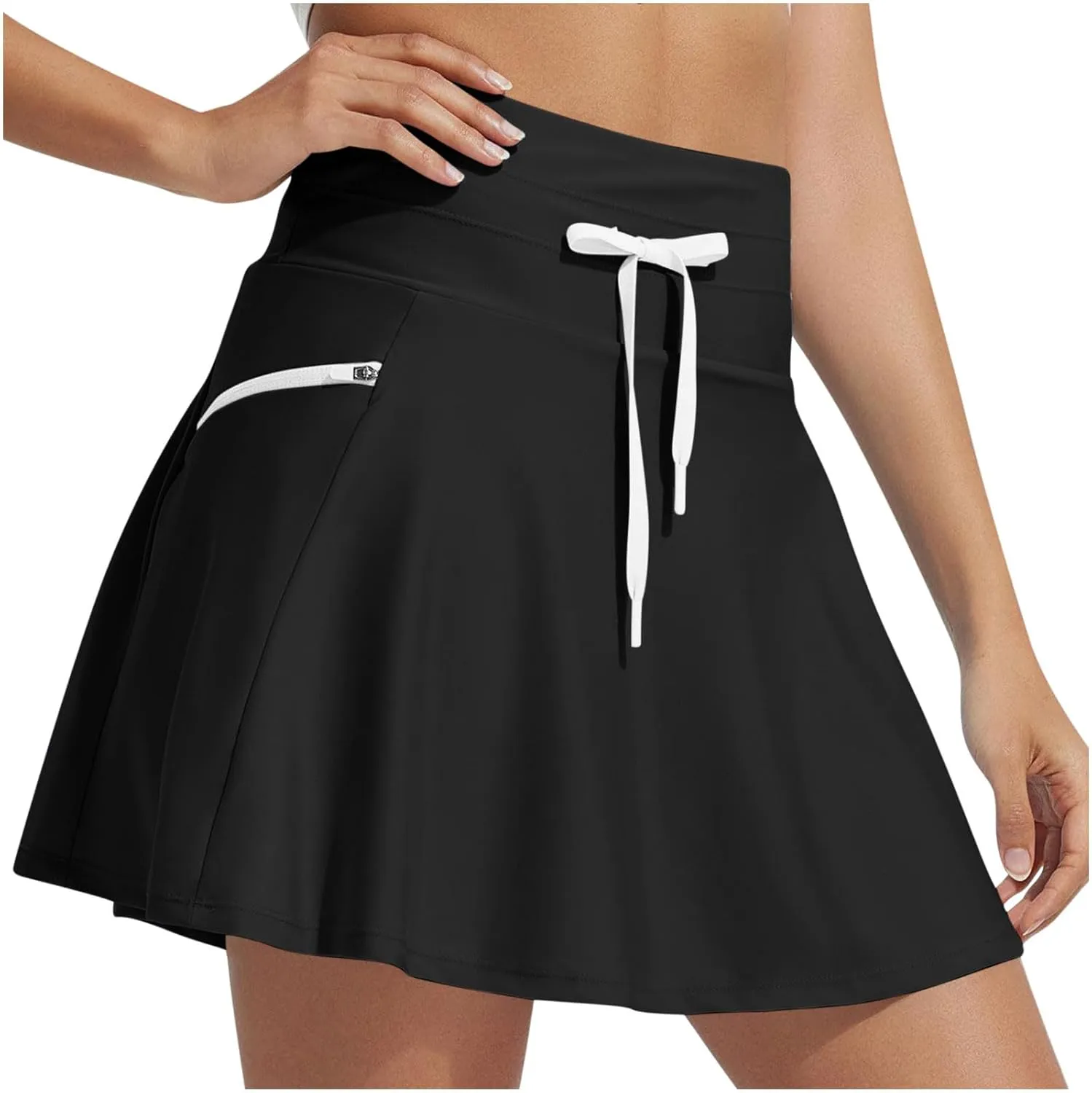 Women's Quick-Drying Underskirt Zipper Drawstring Tie-up High Waist Pleated Plain A Line Short Mini Skirts