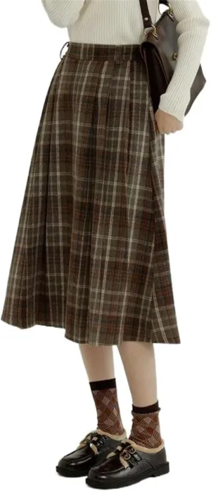 Women's Retro Plaid Pleated High-Waisted A-Line Midi Skirt for Spring and Autumn