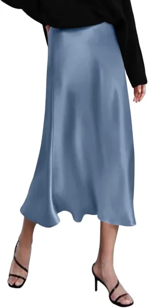 Womens Satin High Waist Skirt Summer Silk Elegant A Line Long Skirts 2025 Sexy Cocktail Party Wedding Midi Skirt