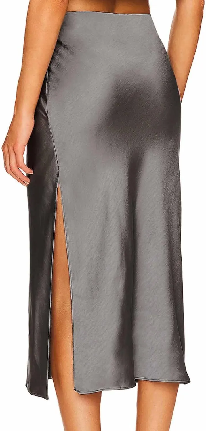 Womens Satin Silk High Waist Long Skirt Sexy Side Slit Elegant Maxi Skirts Cocktail Party Work Casual A Line Skirts
