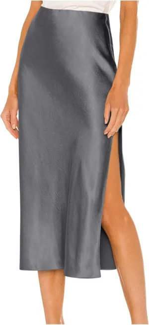 Womens Satin Silk High Waist Long Skirt Sexy Side Slit Elegant Maxi Skirts Cocktail Party Work Casual A Line Skirts