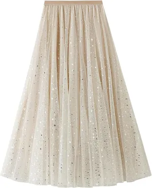 Womens Sequin Tulle Skirts Stretch Waist Layered Pleated A-Line Midi Skirt Prom Party Flowy Skirts