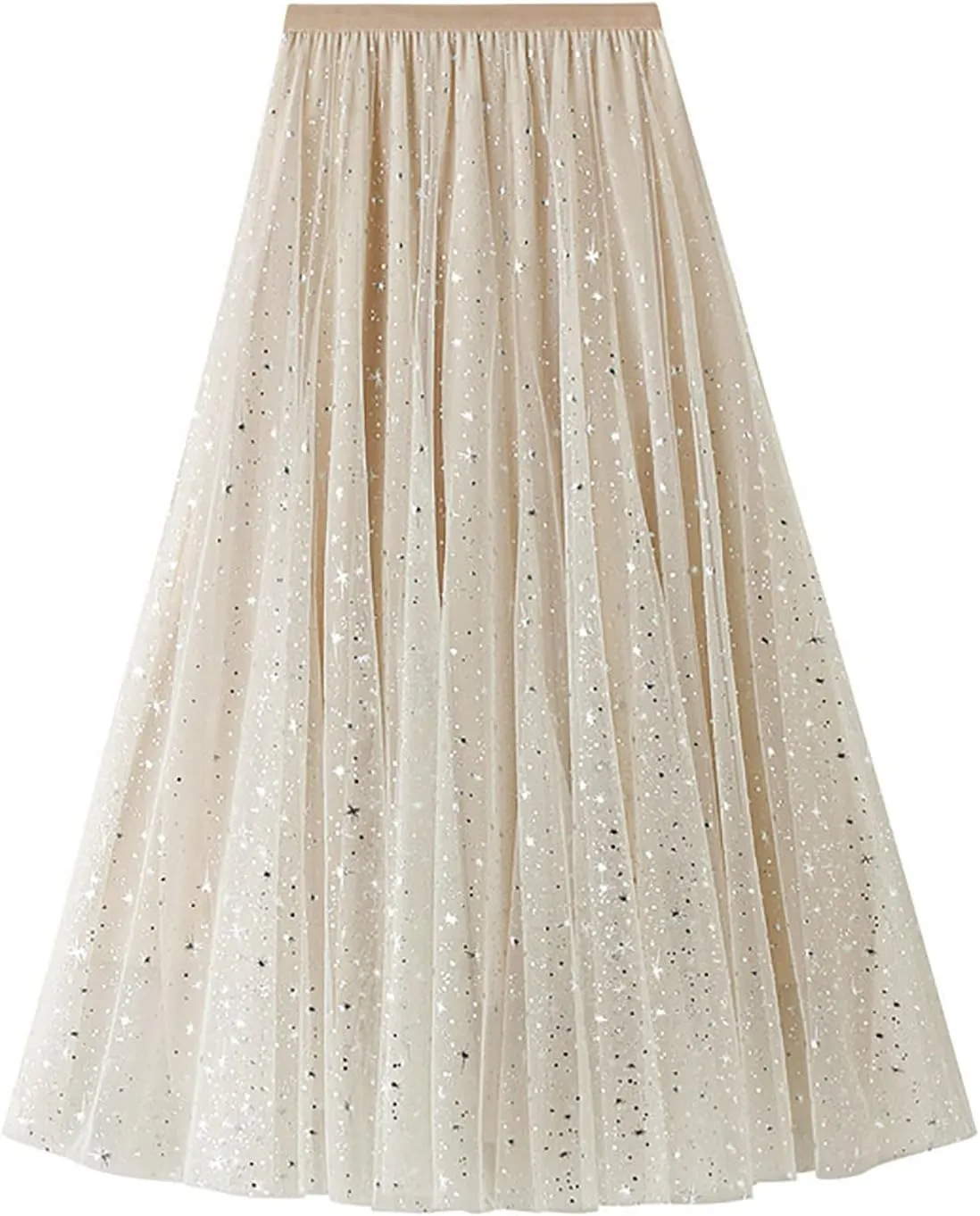 Womens Sequin Tulle Skirts Stretch Waist Layered Pleated A-Line Midi Skirt Prom Party Flowy Skirts