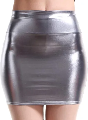 Women's Shiny Liquid Metallic Bodycon Pencil Mini Skirt High Waist Zipper PU Leather Skirt Slim Mini Pencil Skirt
