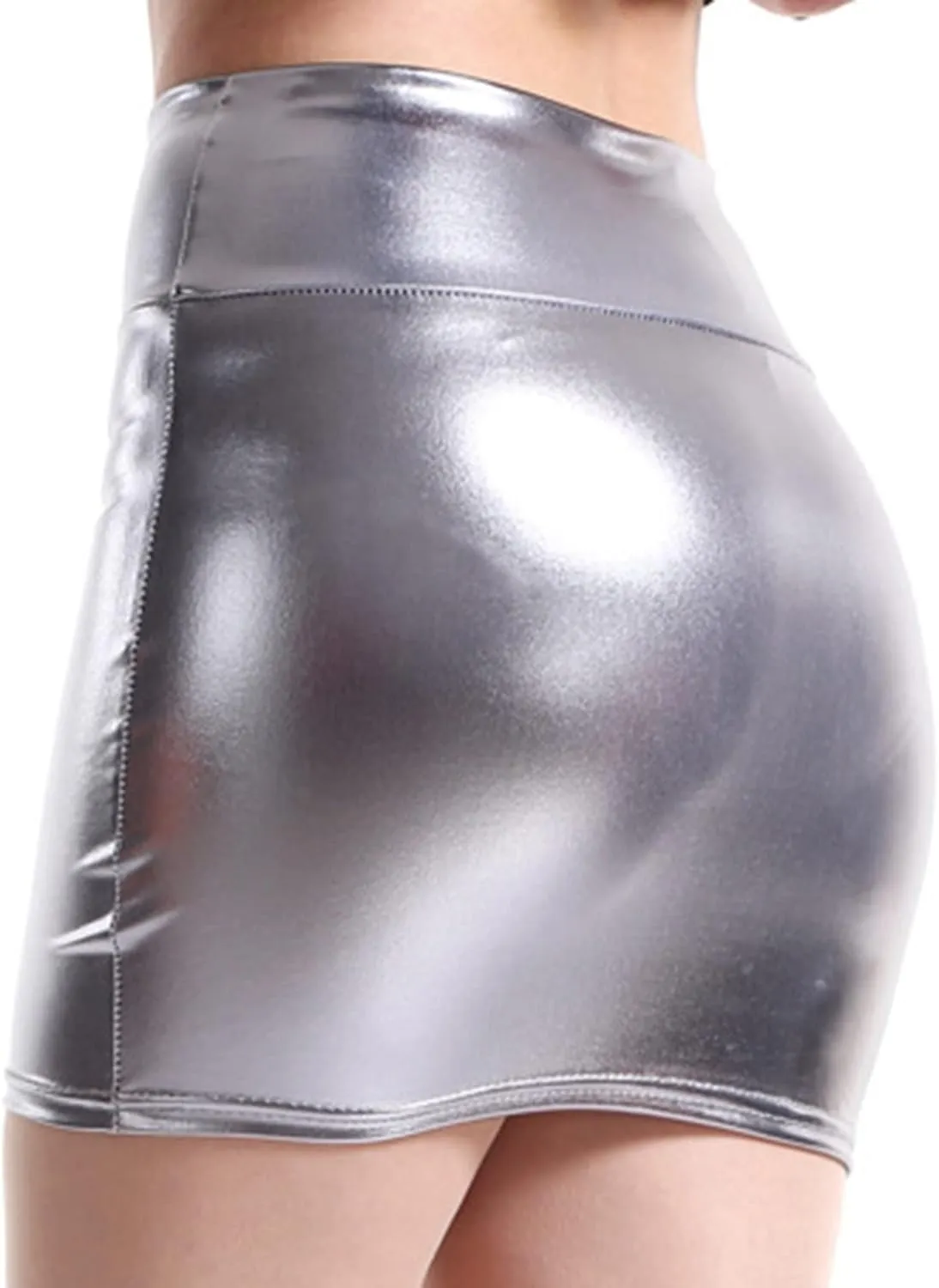 Women's Shiny Liquid Metallic Bodycon Pencil Mini Skirt High Waist Zipper PU Leather Skirt Slim Mini Pencil Skirt