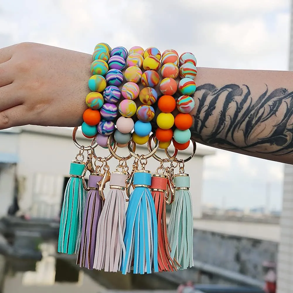 Womens Silicone Beaded Bracelet Keychain Accessories Wristlet Tassels Key Chain Ring