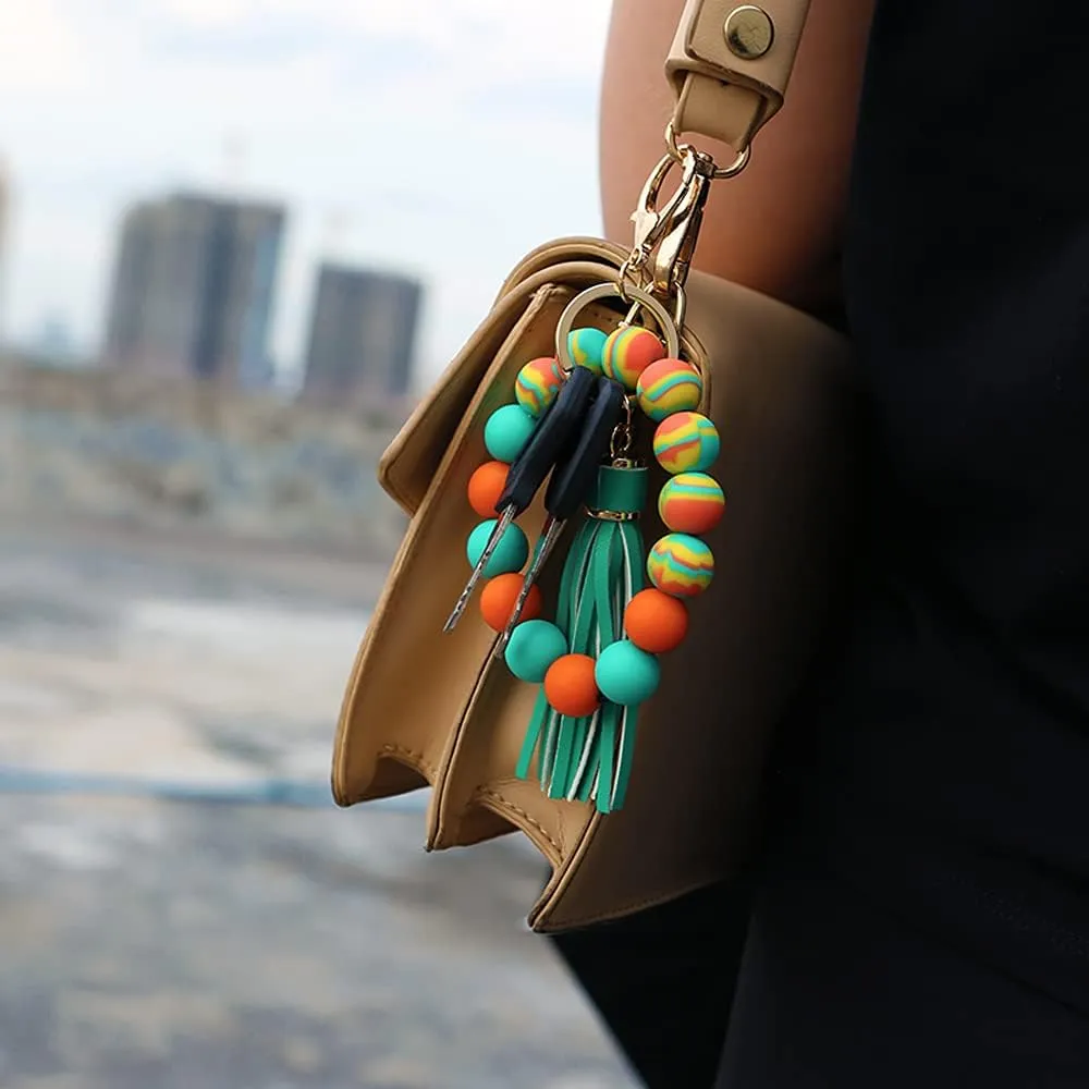 Womens Silicone Beaded Bracelet Keychain Accessories Wristlet Tassels Key Chain Ring