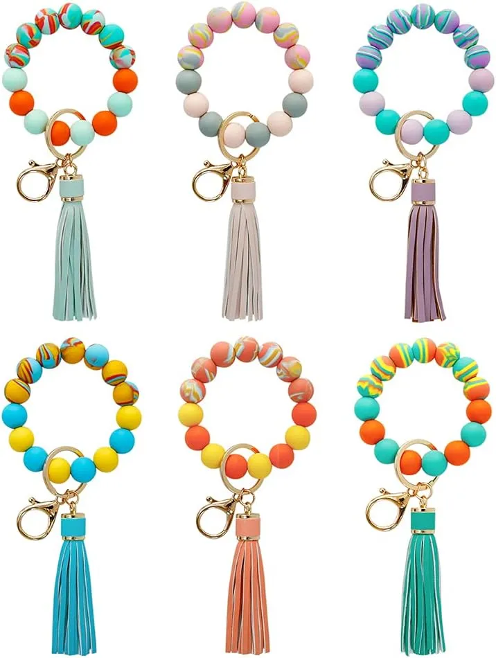 Womens Silicone Beaded Bracelet Keychain Accessories Wristlet Tassels Key Chain Ring