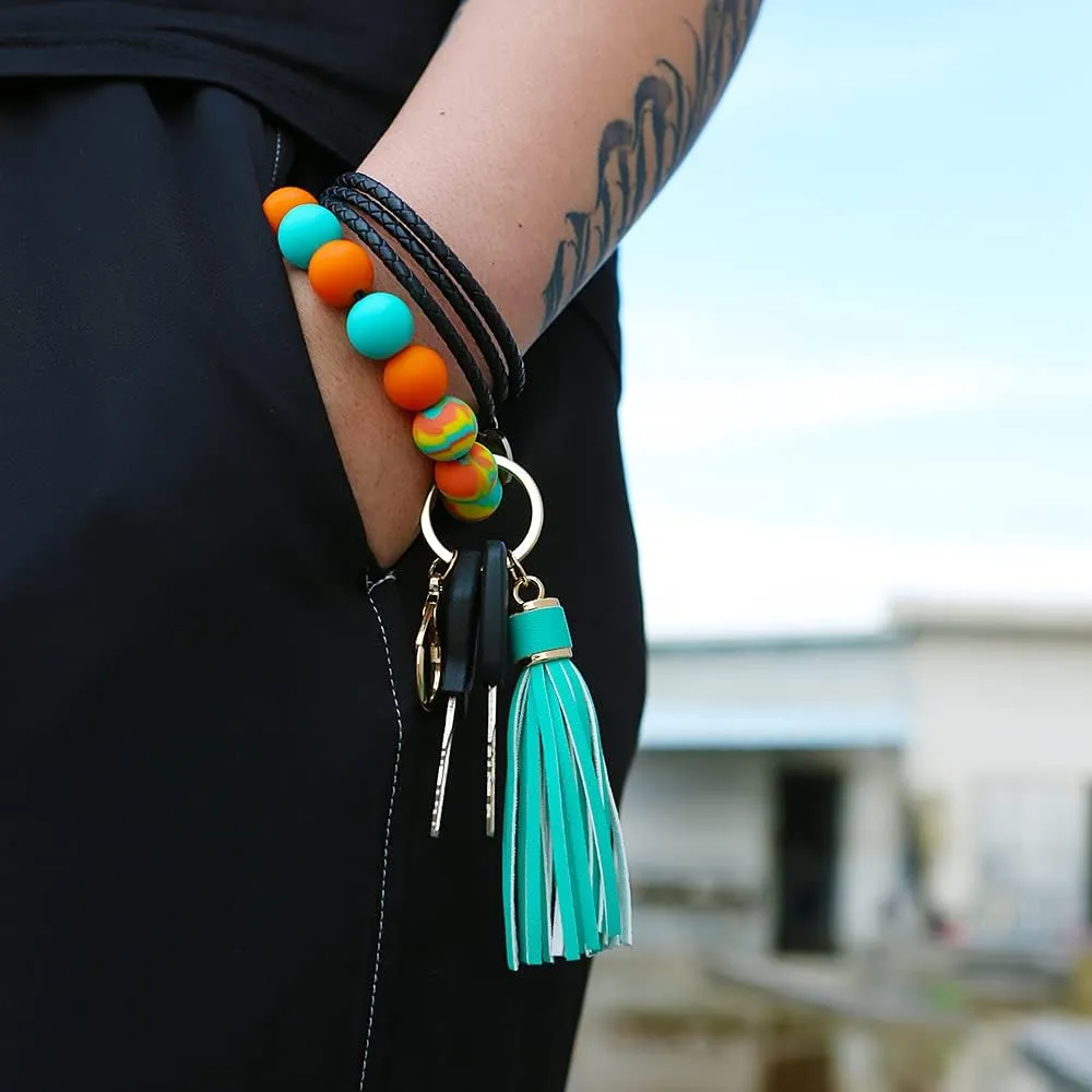 Womens Silicone Beaded Bracelet Keychain Accessories Wristlet Tassels Key Chain Ring