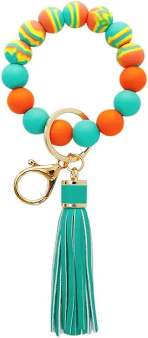 Womens Silicone Beaded Bracelet Keychain Accessories Wristlet Tassels Key Chain Ring