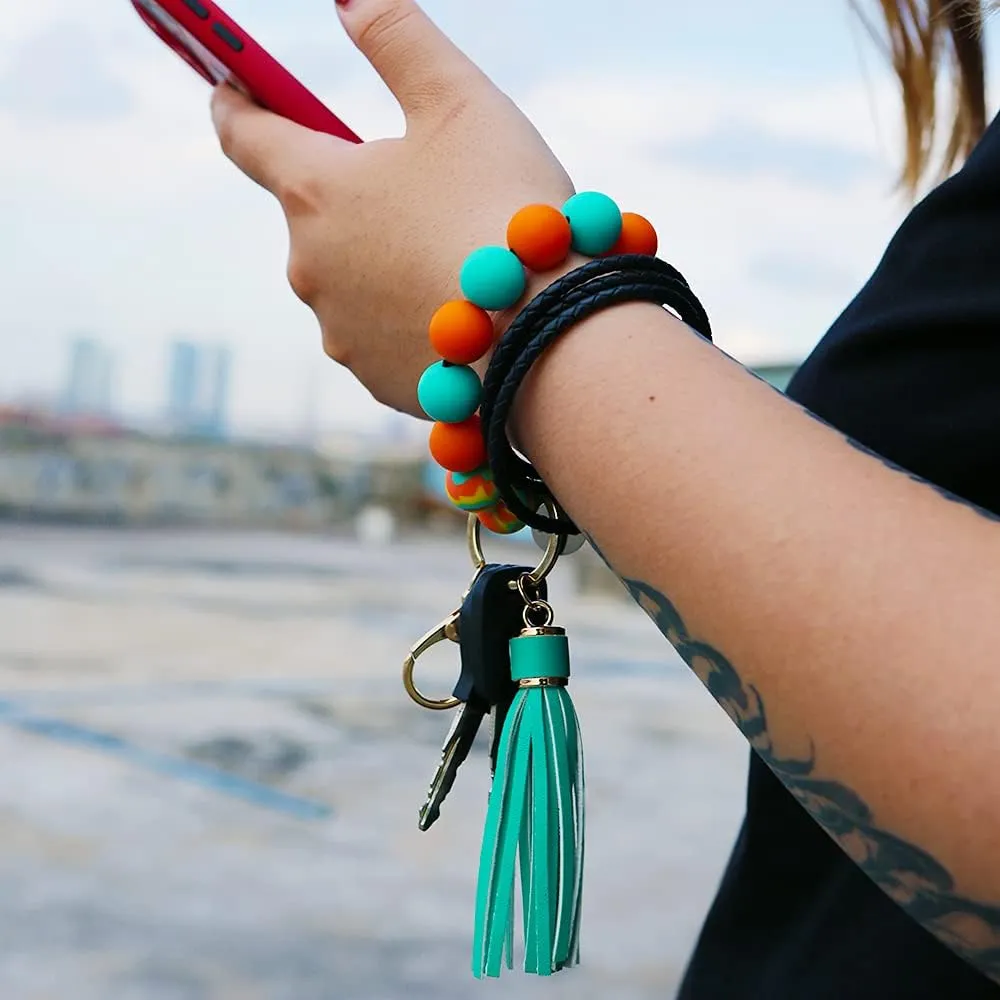 Womens Silicone Beaded Bracelet Keychain Accessories Wristlet Tassels Key Chain Ring