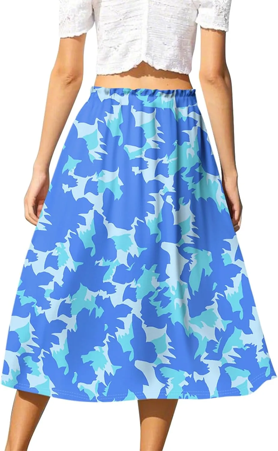 Women's Skirts Midi Flowy Summer Drawstring Elastic High Waist Knee Length Skirt A-Line Floral Pleated Skirt