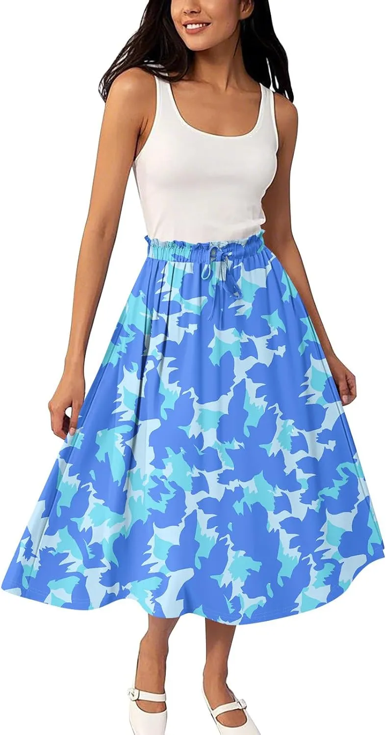 Women's Skirts Midi Flowy Summer Drawstring Elastic High Waist Knee Length Skirt A-Line Floral Pleated Skirt