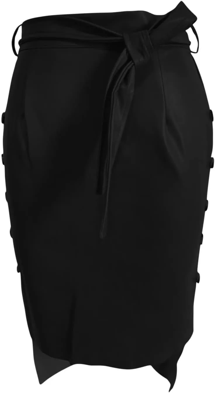 Women's Skirts PU Sexy Side Split Button Down Skirt Fashion Trendy Tie Knot High Low Hem Skater Skirts Streetwear