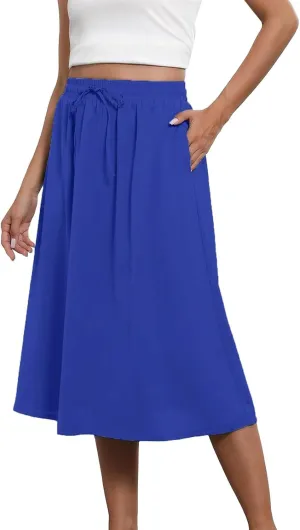 Womens Summer Boho Flowy Swing Tiered A-Line Midi Skirt Fashion Trendy Elastic Waist Pleated Long Beach Dress