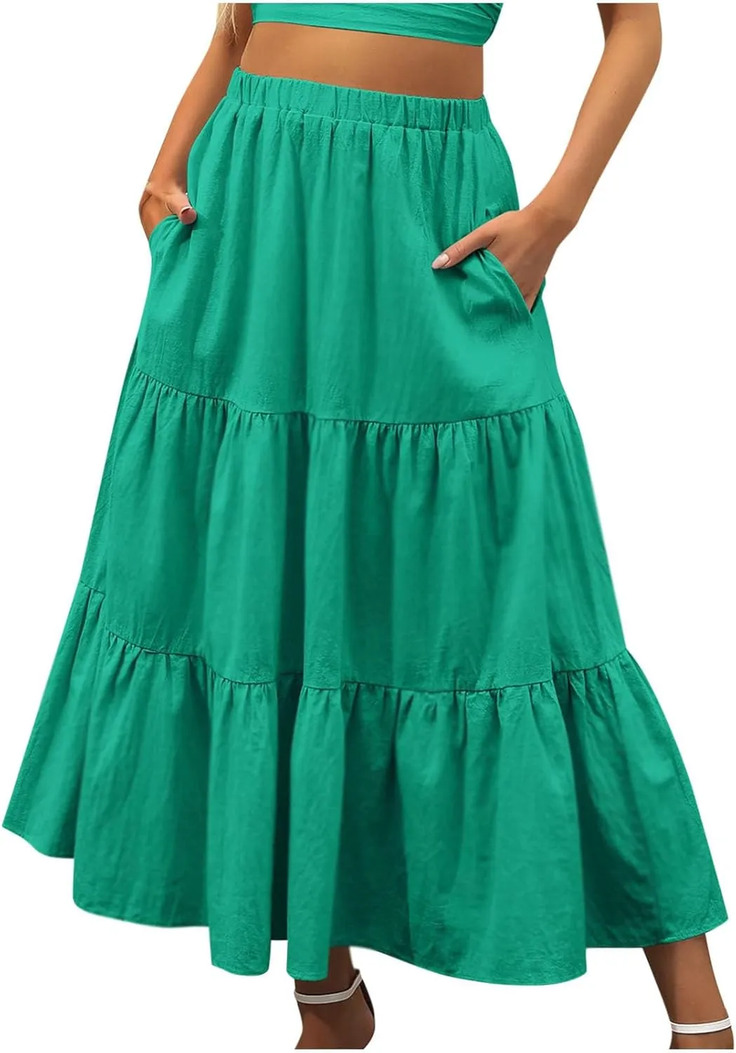 Womens Summer Boho Midi Skirt Flowy Swing Tiered A-Line Skirts with Pockets 2025 Trendy Ruffle Pleated Beach Dress