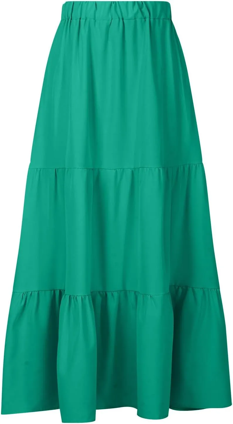 Womens Summer Boho Midi Skirt Flowy Swing Tiered A-Line Skirts with Pockets 2025 Trendy Ruffle Pleated Beach Dress