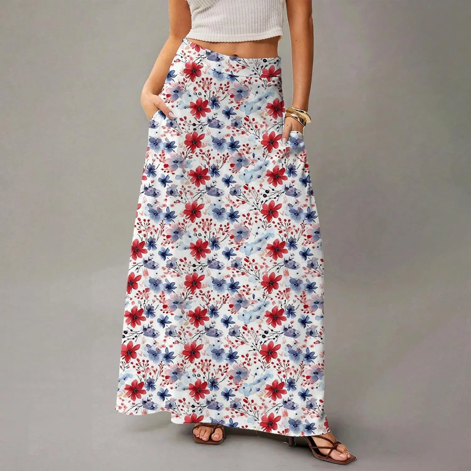 Womens Summer Boho Skirt 2025 Elastic Waist Flowy Casual A-Line Maxi Skirt Trendy, S-2XL