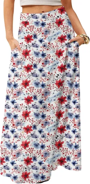 Womens Summer Boho Skirt 2025 Elastic Waist Flowy Casual A-Line Maxi Skirt Trendy, S-2XL