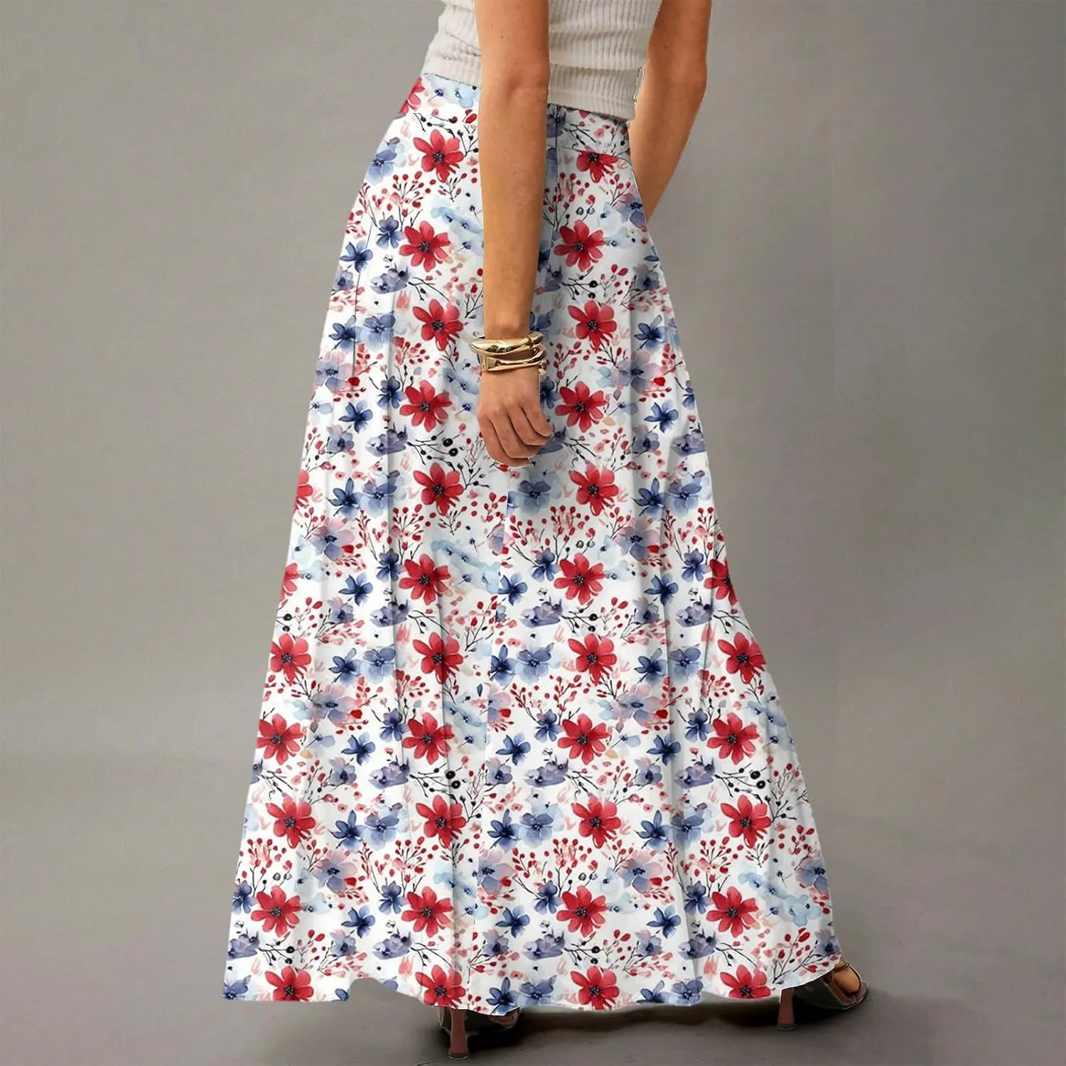 Womens Summer Boho Skirt 2025 Elastic Waist Flowy Casual A-Line Maxi Skirt Trendy, S-2XL