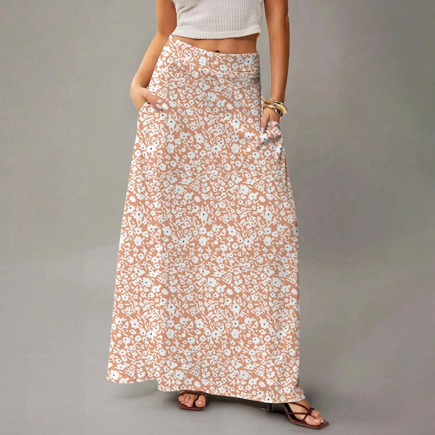 Womens Summer Boho Skirt 2025 Elastic Waist Flowy Casual A-Line Maxi Skirt Trendy, S-2XL
