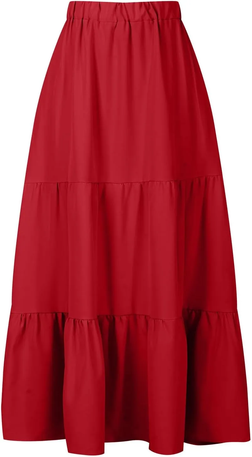 Womens Summer Casual Beach Skirts Elastic Waist Pleated A-Line Flowy Skirt with Pocket Basic Solid Midi Skirt