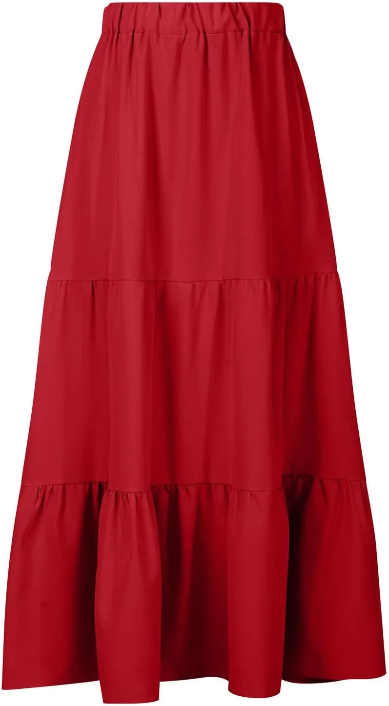 Womens Summer Casual Beach Skirts Elastic Waist Pleated A-Line Flowy Skirt with Pocket Basic Solid Midi Skirt