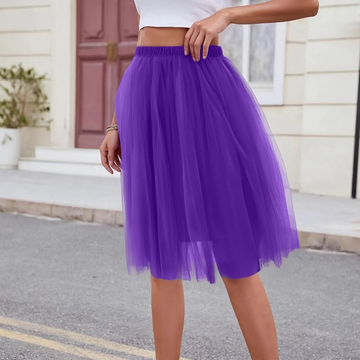 Women's Summer Casual Loose Trendy Elastic High Waist Solid Color Fluffy Mesh Party Flowy A-Line Latin Skirts 2025, M-XL
