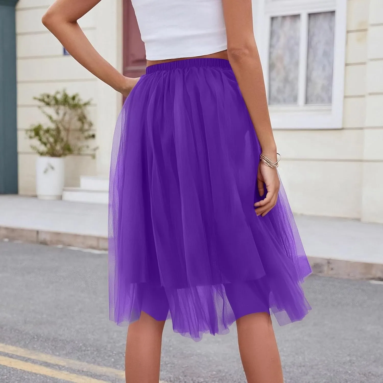 Women's Summer Casual Loose Trendy Elastic High Waist Solid Color Fluffy Mesh Party Flowy A-Line Latin Skirts 2025, M-XL