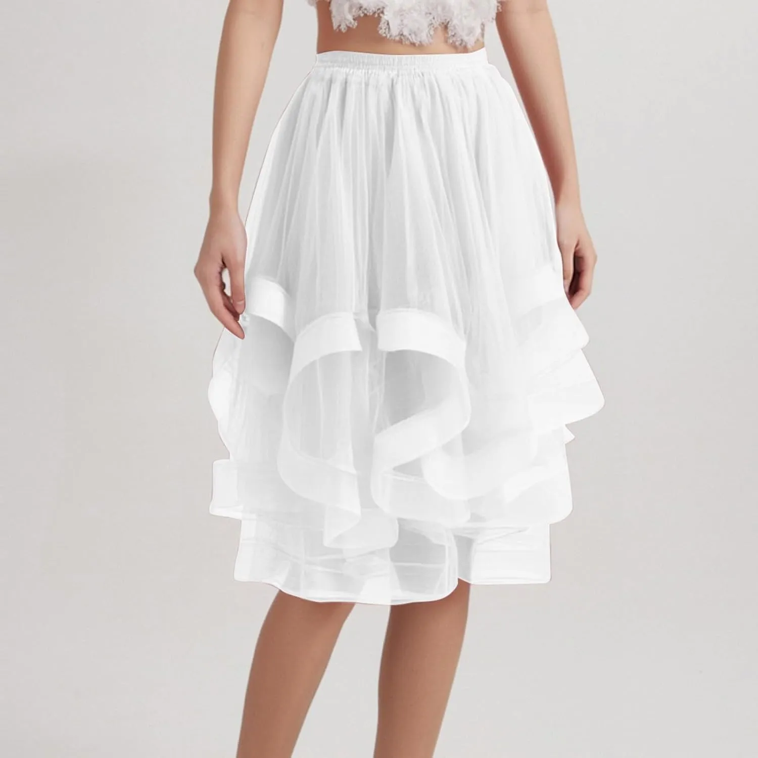 Women's Summer Casual Loose Trendy Elastic High Waist Solid Color Fluffy Mesh Party Latin Dance Flowy Skirts, S-XL