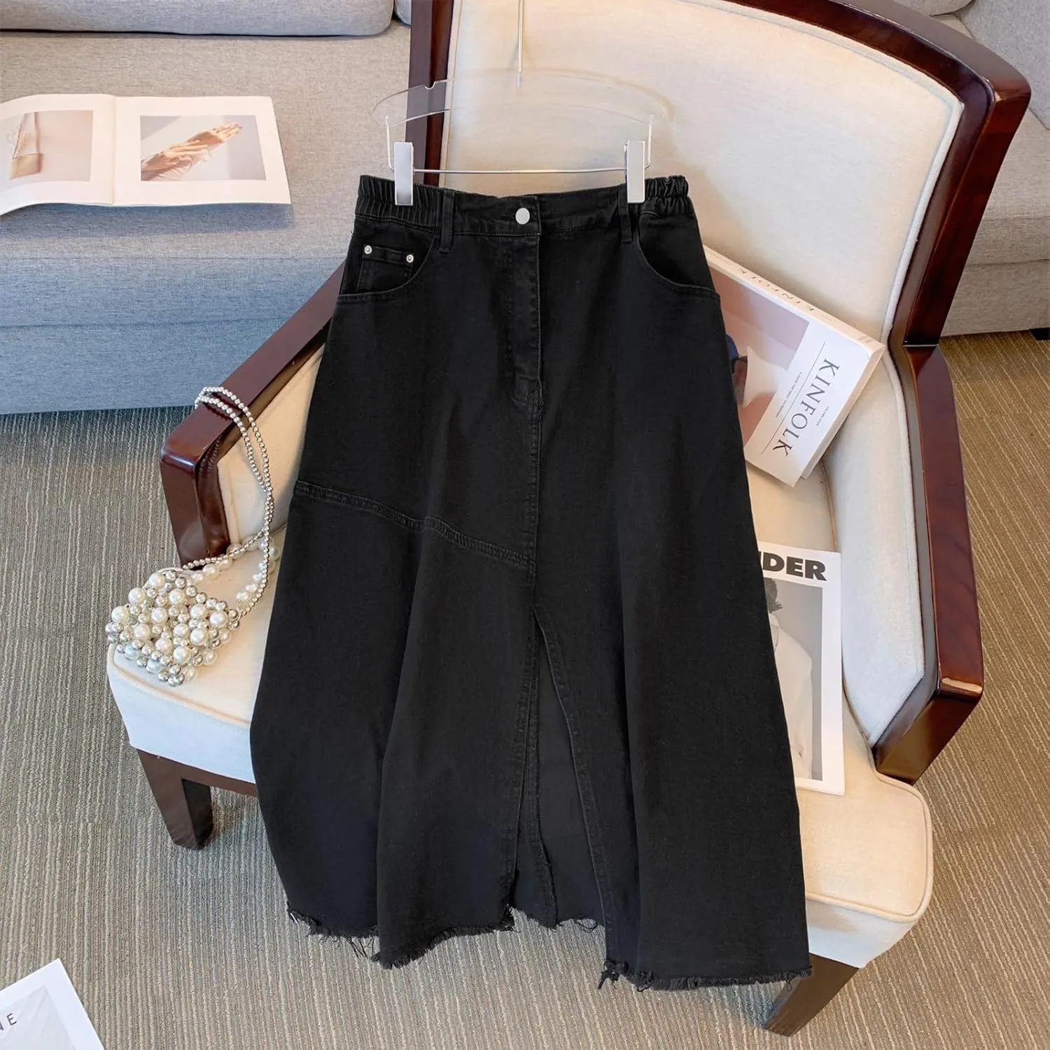 Women's Summer Casual Maxi High Waist Solid Split Plus Size Denim Skirt,XXL-6XL