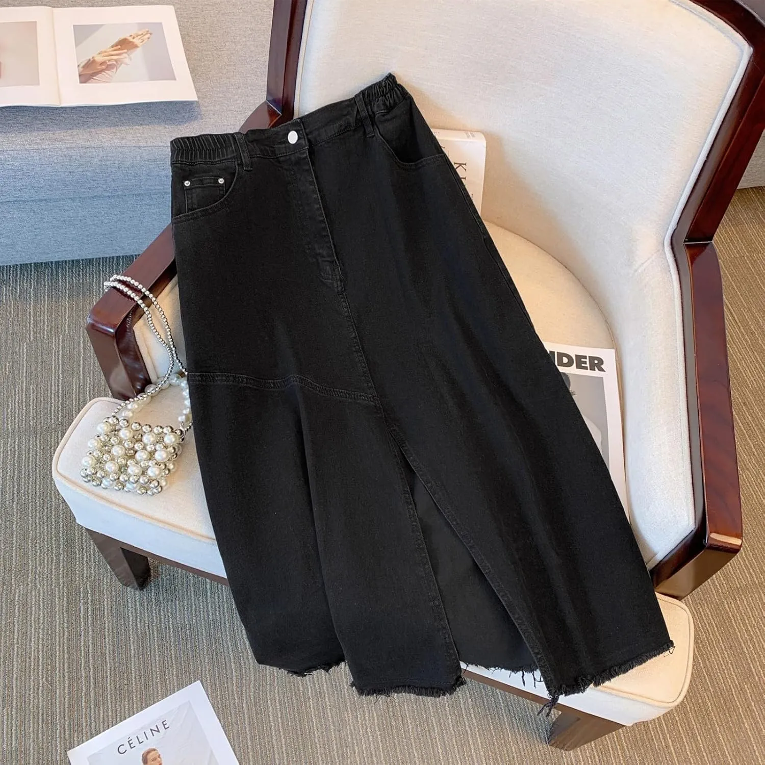 Women's Summer Casual Maxi High Waist Solid Split Plus Size Denim Skirt,XXL-6XL