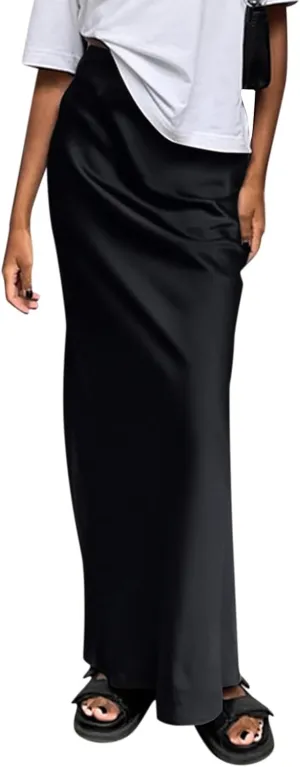Women's Summer Casual Maxi Slim Skirt High Waist Elastic Solid Glossy Skirts