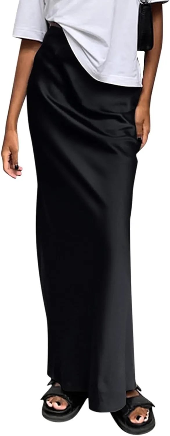 Women's Summer Casual Maxi Slim Skirt High Waist Elastic Solid Glossy Skirts