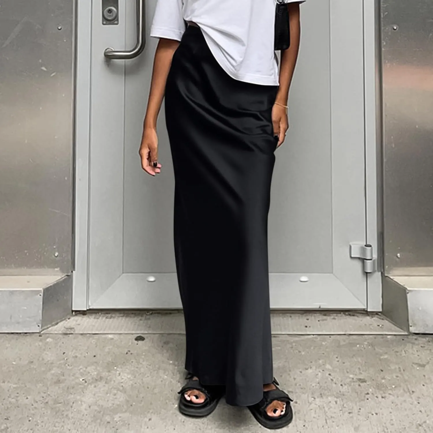 Women's Summer Casual Maxi Slim Skirt High Waist Elastic Solid Glossy Skirts