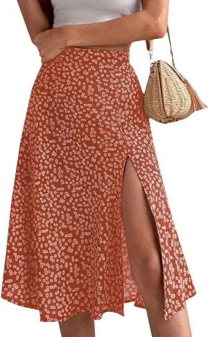 Women's Summer Casual Paisley Floral A-Line Trendy Beach Boho Midi Skirt