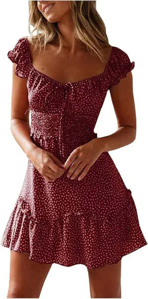 Women's Summer Dress 2025 Beach Sundress Vacation Dress Ruffle Sleeve Sweetheart Neckline Printing Dress Mini Dress
