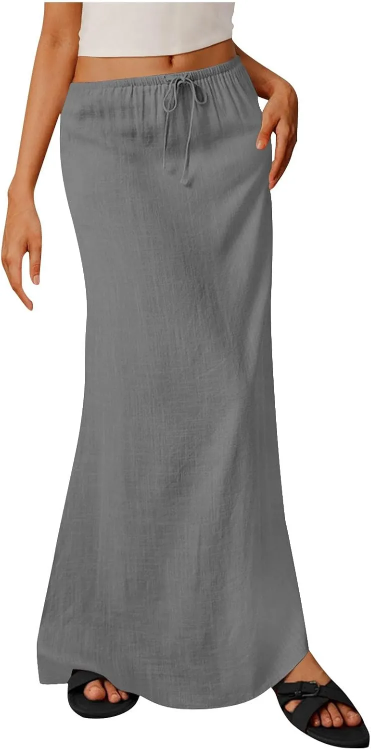 Womens Summer Maxi Skirt Low Rise Lace Up Midi Skirt Casual Long Skirt A Line Lounge Skirt Trendy Beach Skirts