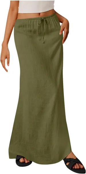 Womens Summer Maxi Skirt Low Rise Lace Up Midi Skirt Casual Long Skirt A Line Lounge Skirt Trendy Beach Skirts