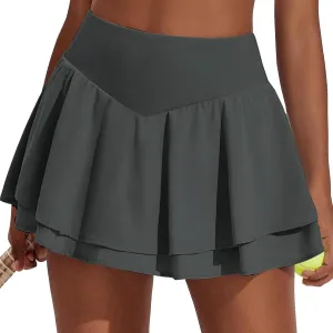 Womens Tennis Skorts Casual High Waisted Flowy Pleated Skater Skirts Athletic Cute Ruffle Layer Yoga Fitness Clothes