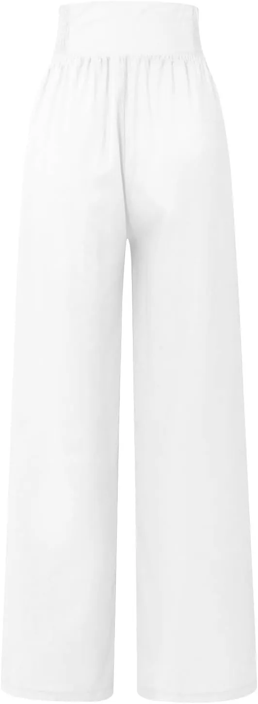 Womens Wide Leg Pants Boho Smocked High Elastic Waist in The Back Palazzo Trousers with Pockets Lounge Vacation Pants