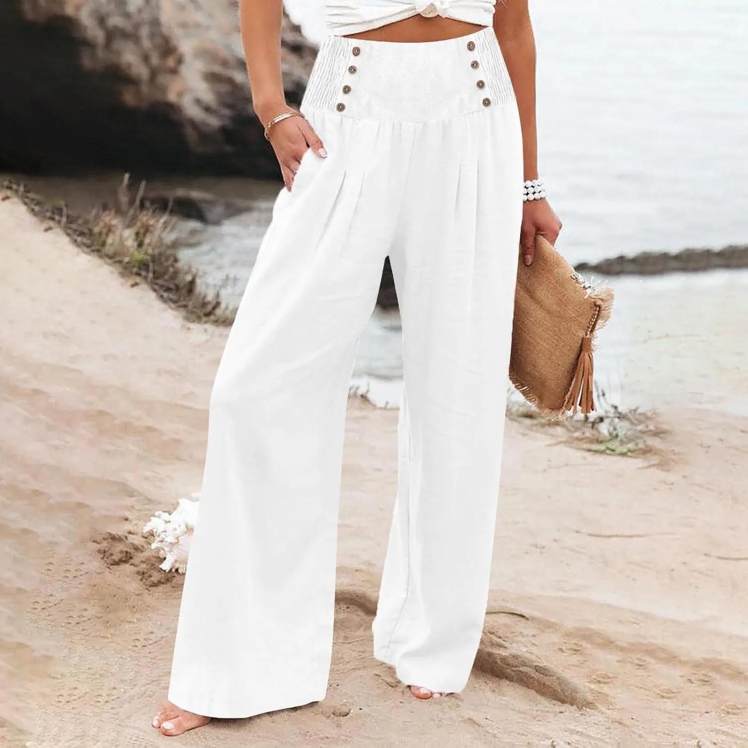 Womens Wide Leg Pants Boho Smocked High Elastic Waist in The Back Palazzo Trousers with Pockets Lounge Vacation Pants