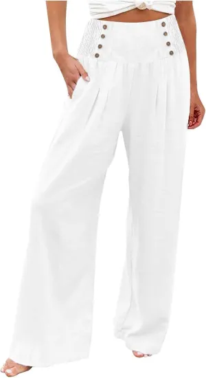 Womens Wide Leg Pants Boho Smocked High Elastic Waist in The Back Palazzo Trousers with Pockets Lounge Vacation Pants