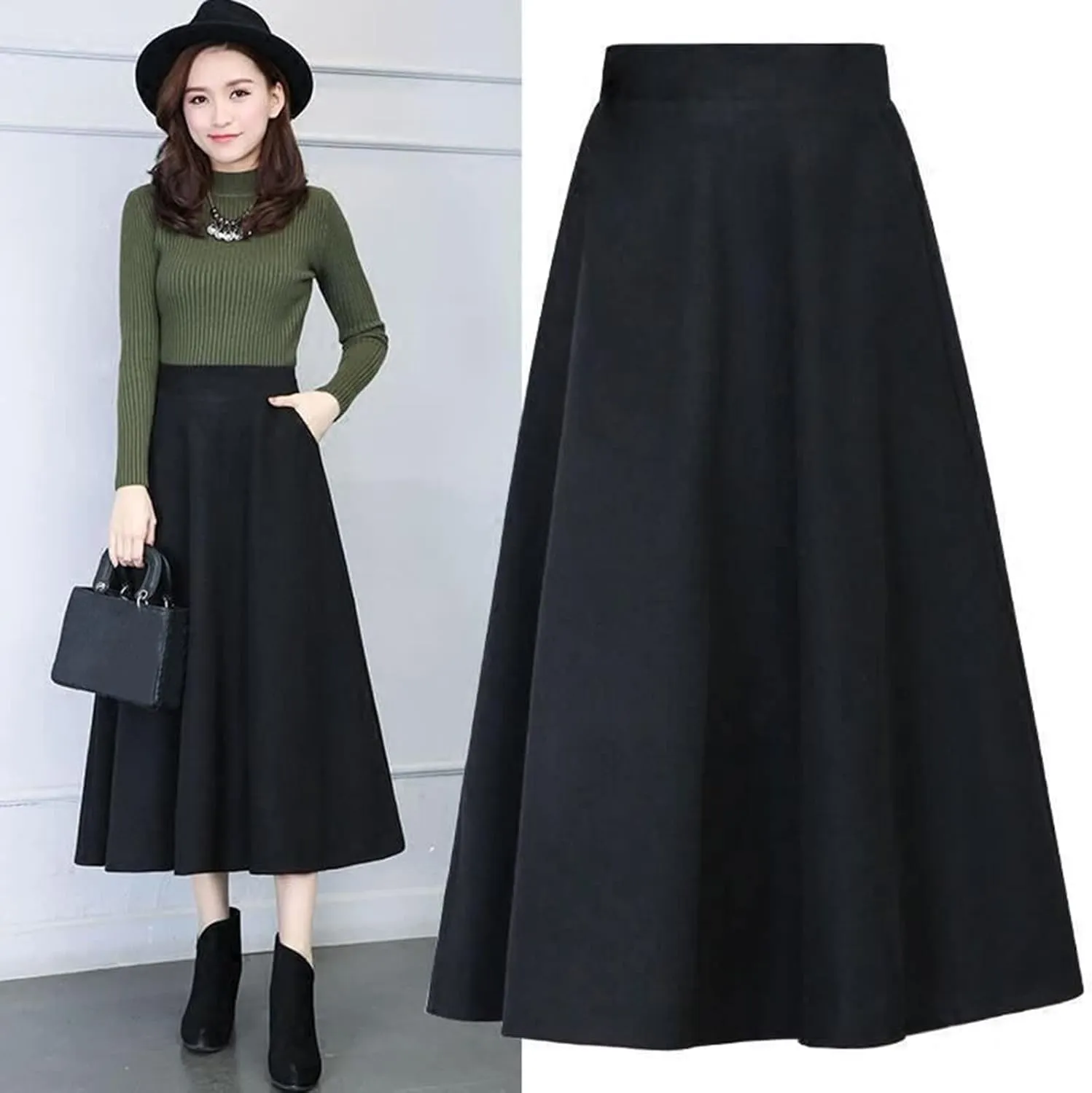 Womens Winter Vintage High Elastic Waist A Line Pleated Wool Midi Skirt Lady Skirt Skirt for Women