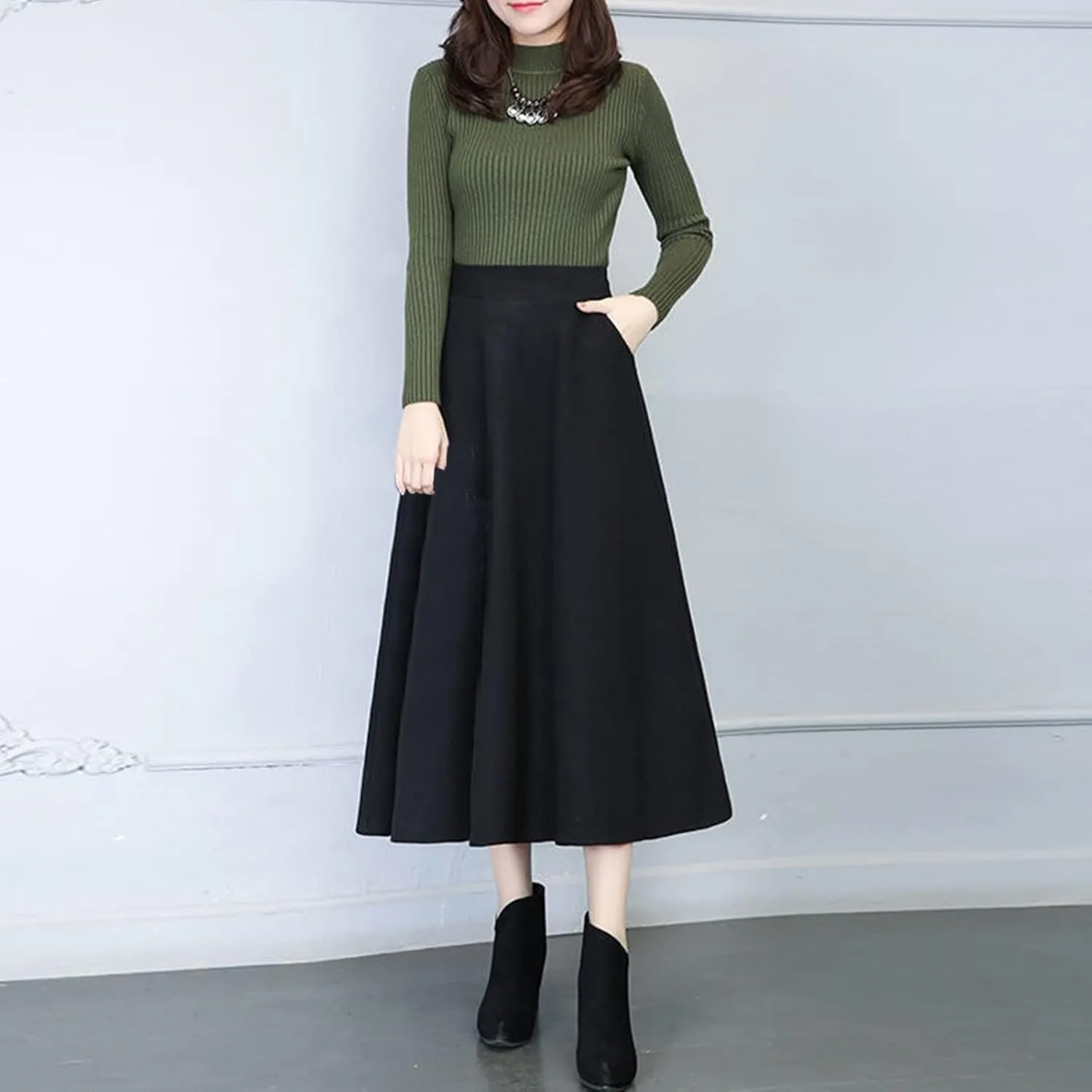 Womens Winter Vintage High Elastic Waist A Line Pleated Wool Midi Skirt Lady Skirt Skirt for Women