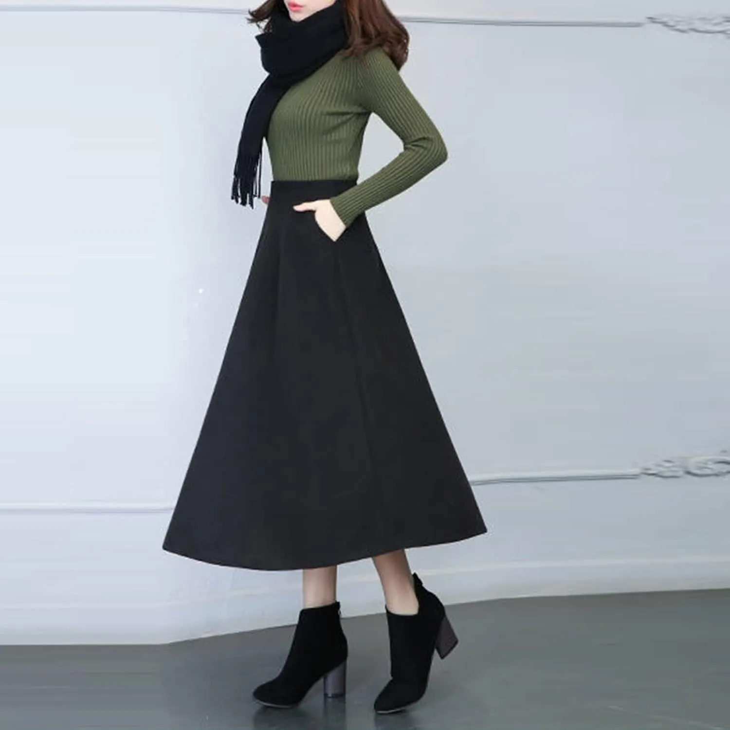 Womens Winter Vintage High Elastic Waist A Line Pleated Wool Midi Skirt Lady Skirt Skirt for Women