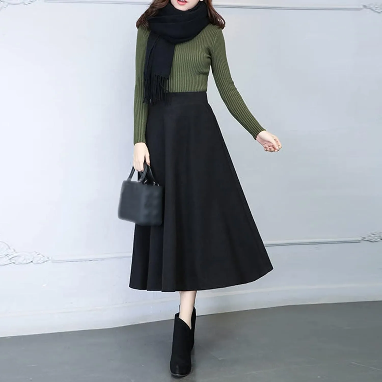 Womens Winter Vintage High Elastic Waist A Line Pleated Wool Midi Skirt Lady Skirt Skirt for Women