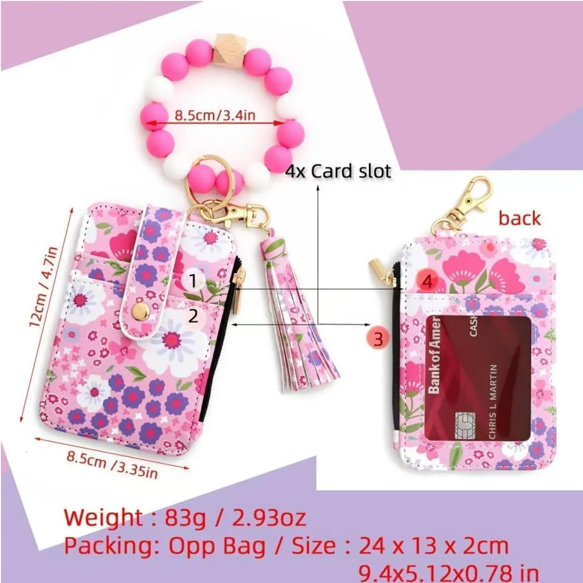 Wristlet Wallet, Women's Style Beaded & Tassel Charms Keychain with Flower Pattern Wallet, Fashion Wristband Accessories (Khaki)