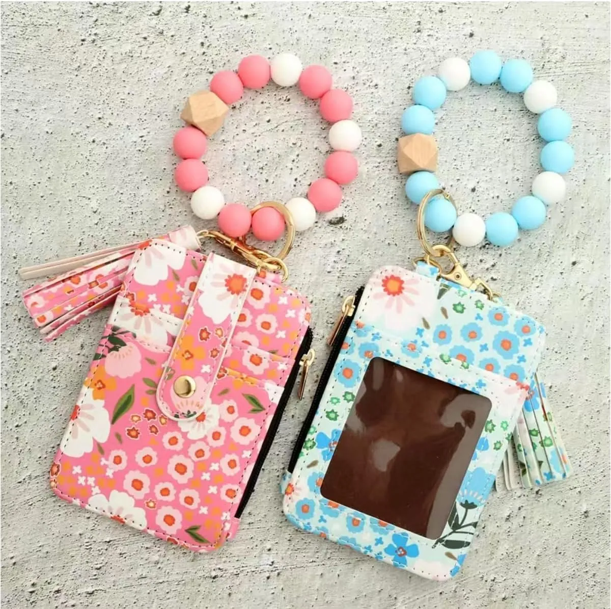 Wristlet Wallet, Women's Style Beaded & Tassel Charms Keychain with Flower Pattern Wallet, Fashion Wristband Accessories (Khaki)